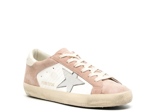 Super-Star Pink Cream Suede Silver Metallic Star Beige Croc Heel Tab - Women's