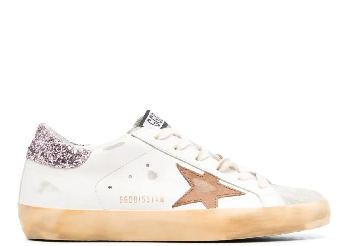Super-Star White Leather Tan Star Pink Glitter Heel - Women's