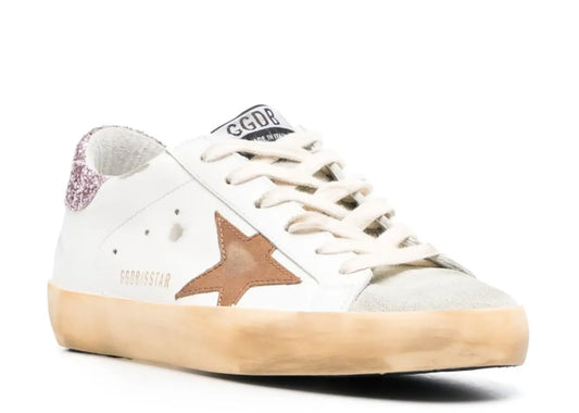 Super-Star White Leather Tan Star Pink Glitter Heel - Women's