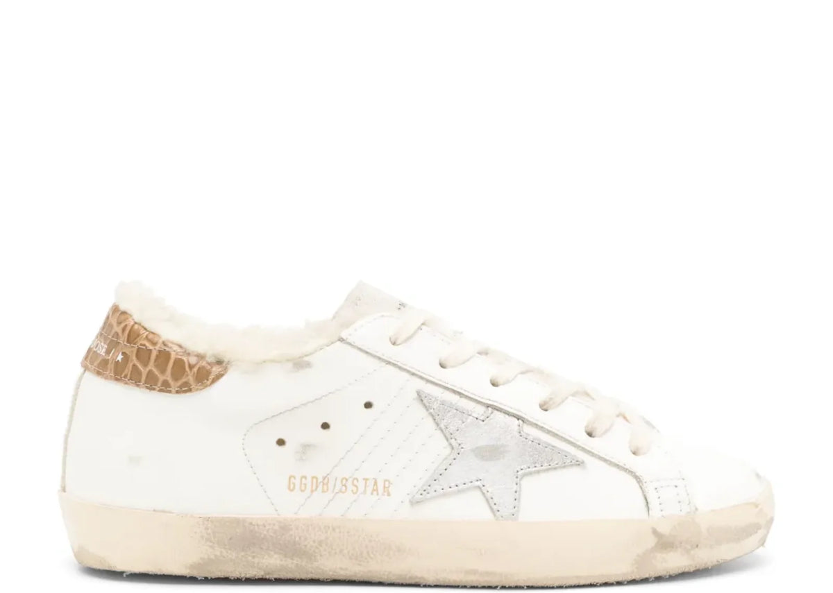Super-Star Silver Leather Star Beige Croc Heel Tab - Women's