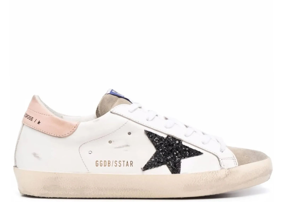 Super-Star White Leather Black Glitter Star Rose Heel - Women's