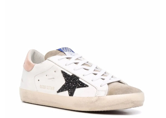 Super-Star White Leather Black Glitter Star Rose Heel - Women's