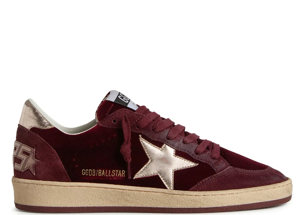 Ball-Star Burgundy Velvet Gold Star Gold Heel - Women's