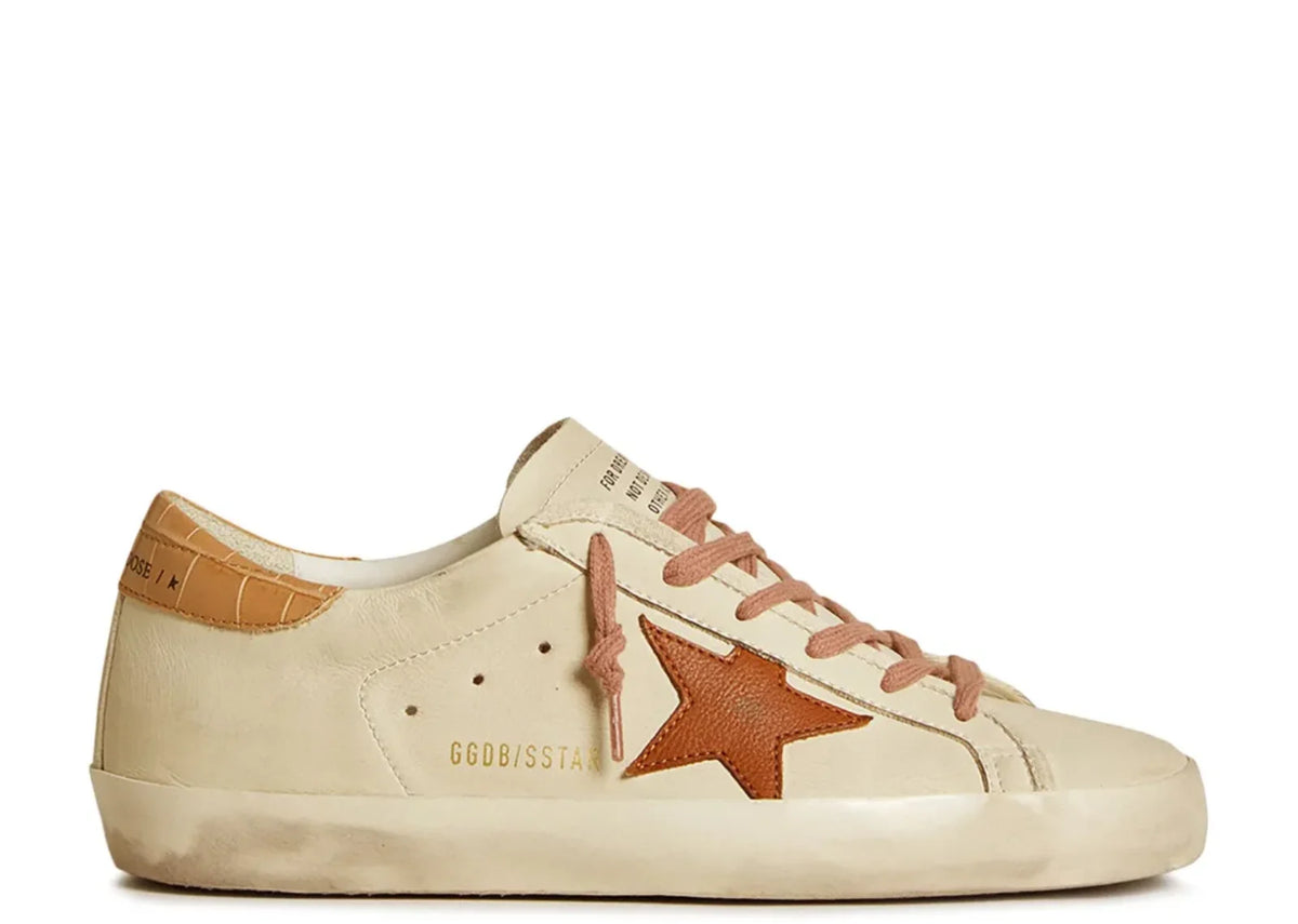 Super-Star White Leather Star Beige Croc Heel Tab - Women's