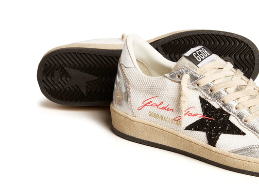 Ball-Star White Mesh Silver Insert Black Glitter Star Glossy Heel - Women's