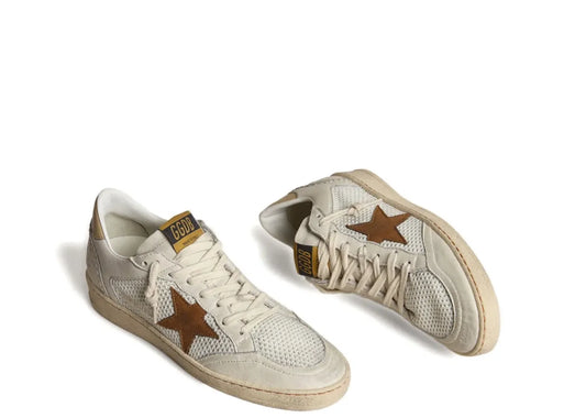 Ball-Star White Nappa Mesh Tobacco Nubuck Star Beige Heel Tab - Women's