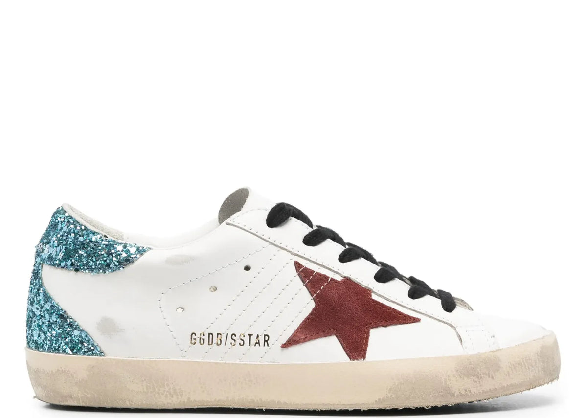 Super-Star White Leather Burgundy Star Blue Glitter Heel - Women's