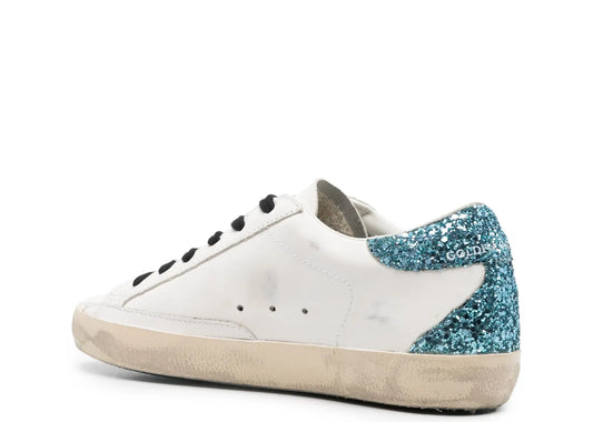 Super-Star White Leather Burgundy Star Blue Glitter Heel - Women's