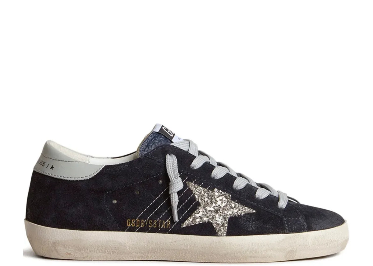 Super-Star Blue Suede Silver Glitter Star Ice Gray Heel Tab - Women's
