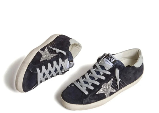 Super-Star Blue Suede Silver Glitter Star Ice Gray Heel Tab - Women's