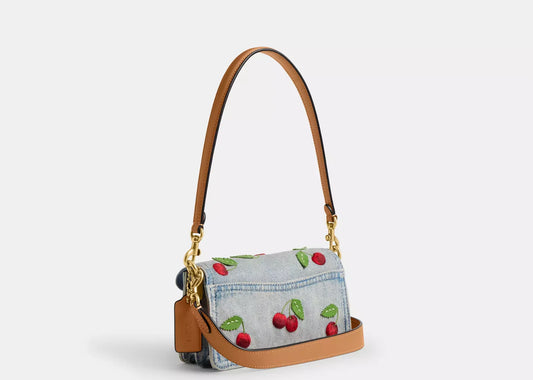 Tabby Shoulder Bag 20 With Cherry Embroidery Brass/Denim