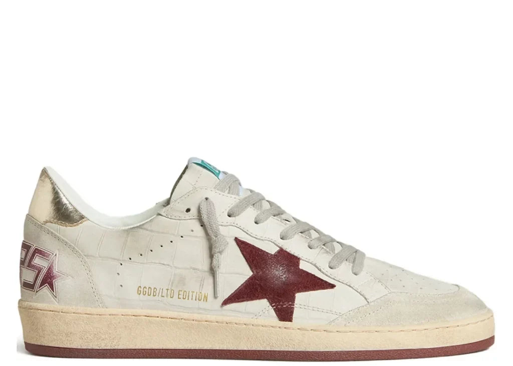 Davenzarry | Golden Goose Ball-Star White Croco Nubuck Burgundy Star Gold Heel | View 4