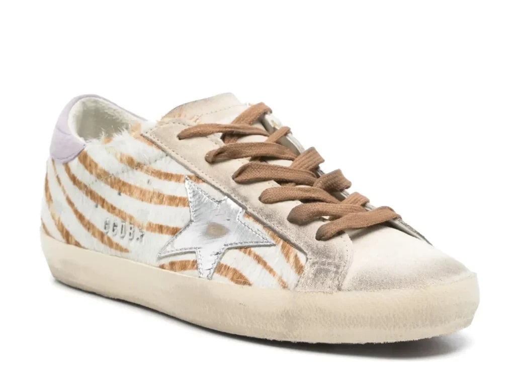 Davenzarry | Golden Goose Super-Star Beige Pony Skin White Star Lilac Heel - Women's | View 5
