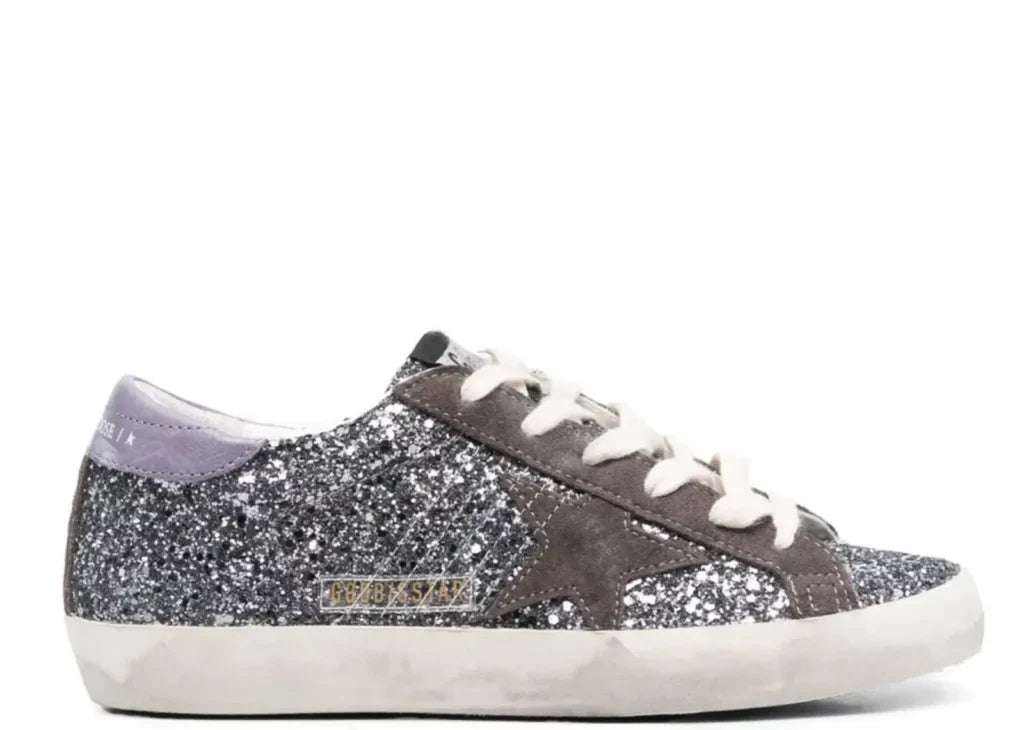 Davenzarry | Golden Goose Super-Star Glitter Brown Star Lilac Heel Tab - Women's | View 5