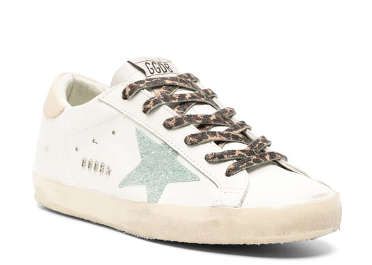 Davenzarry | Golden Goose Super-Star White Leather Gray Glitter Star Nude Heel Leopard Laces - Women's | View 2