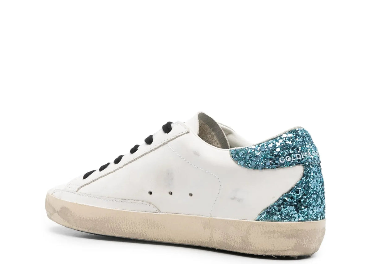 Davenzarry | Golden Goose Super-Star White Leather Burgundy Star Blue Glitter Heel - Women's | View 2