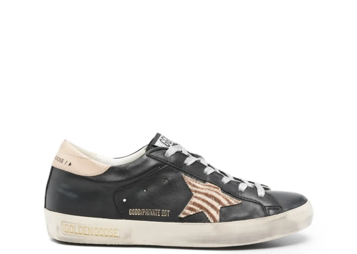 Golden Goose Super-Star Black Nappa Zebra Pony Star Beige Heel Tab - Women's