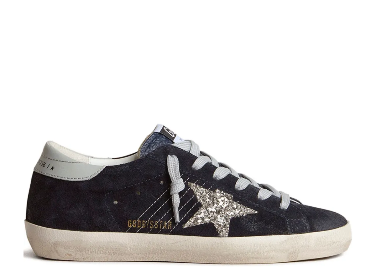 Golden Goose Super-Star Blue Suede Silver Glitter Star Ice Gray Heel Tab - Women's
